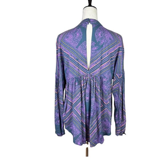 Free People Walking On A Dream Blue Purple Floral Diamond Oversized Tunic Top - Picture 5 of 13